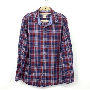 LL Bean Men Large Shirt Button Down Red Blue Checkered‎ Cotton Slightly Fitted